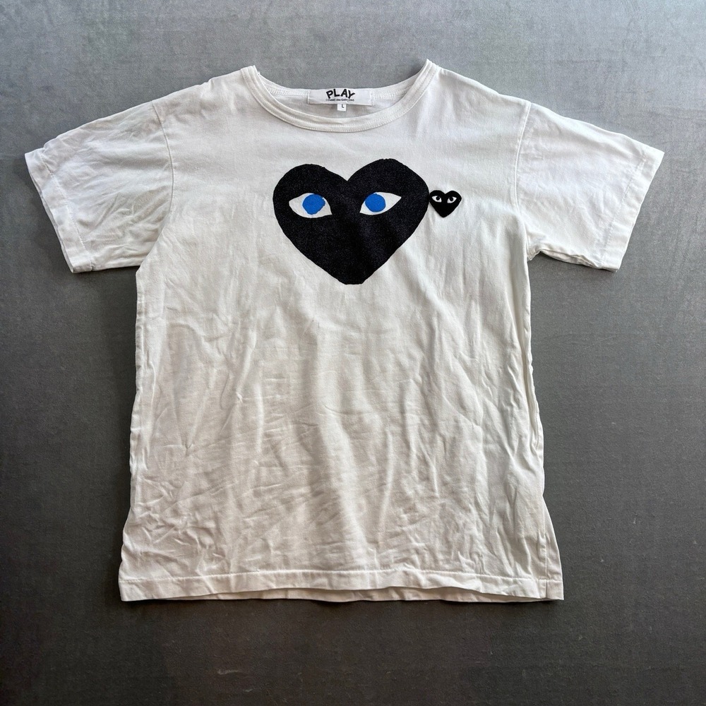 Comme Des Garçons PLAY Big Heart T Shirt White Blue Eyes Men's Large CDG